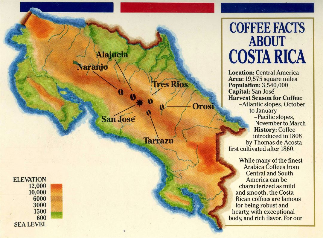 Large detailed elevation and coffee map of Costa Rica