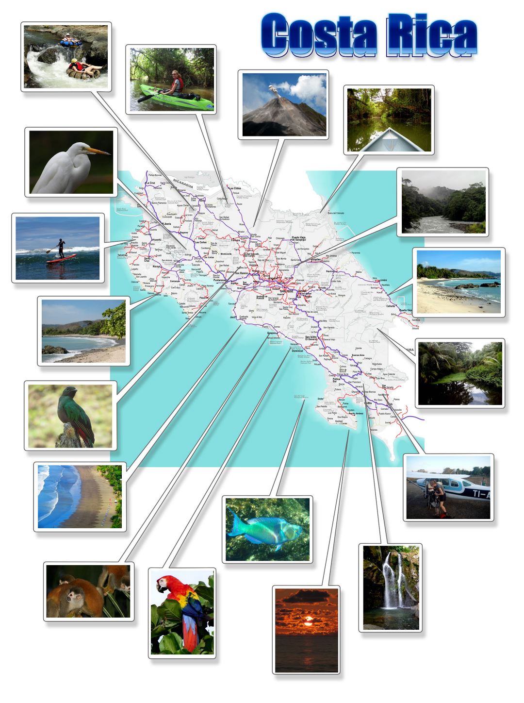 Large detailed map of Costa Rica with photos