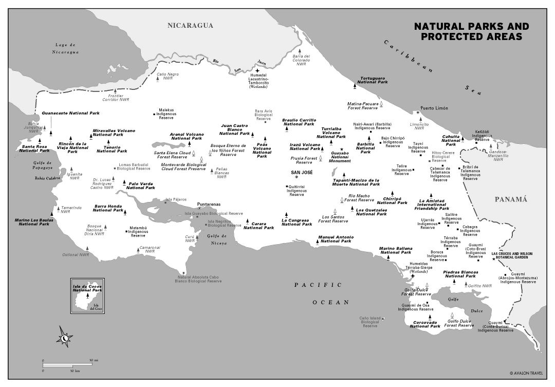 Large detailed natural parks and protected areas map of Costa Rica