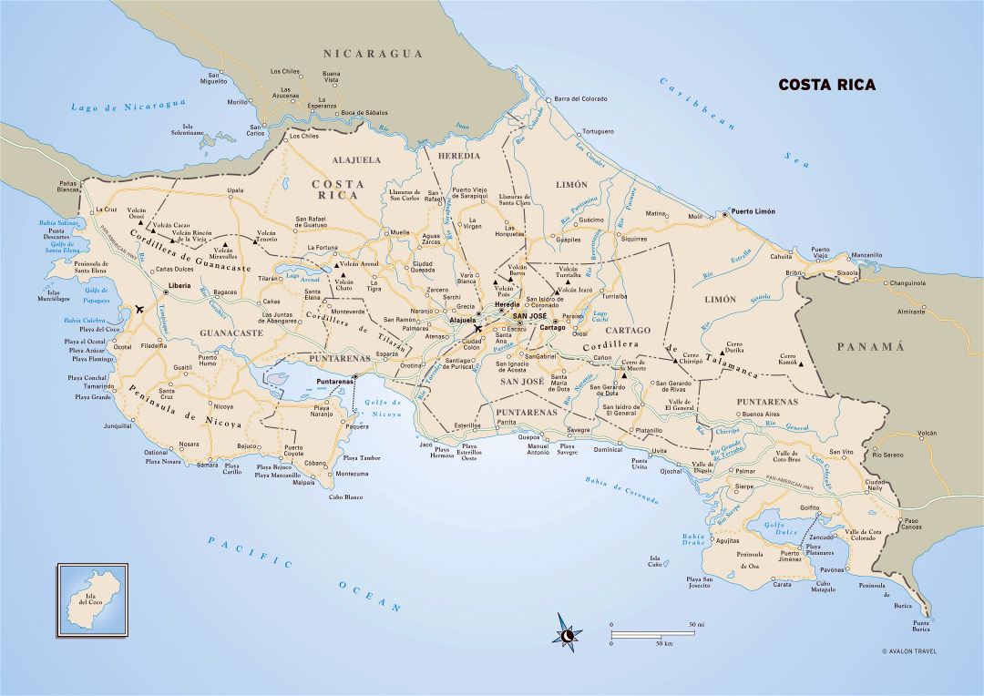 Large detailed political and administrative map of Costa Rica with roads, cities and airports