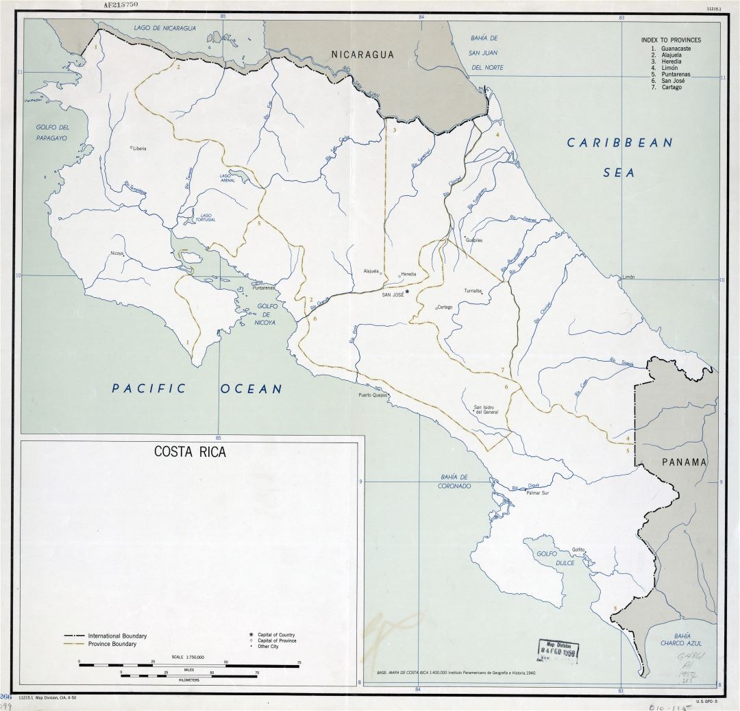 Large scale political and administrative map of Costa Rica with major cities - 1950