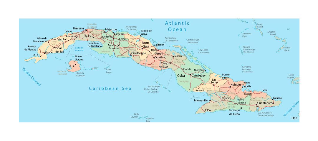 Detailed administrative map of Cuba with roads, railroads, cities and airports