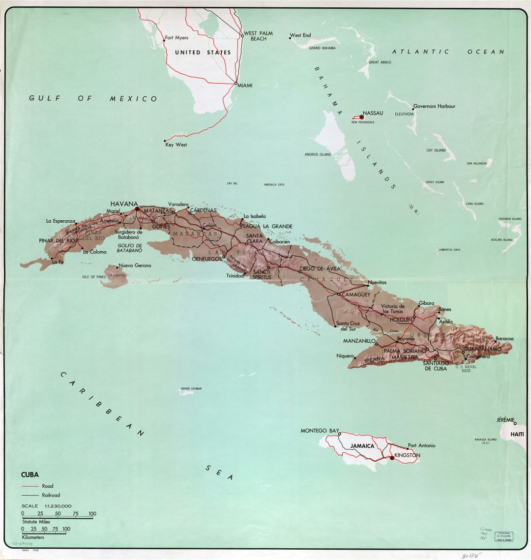 Large detailed political and administrative map of Cuba with relief, roads, railroads and major cities - 1962