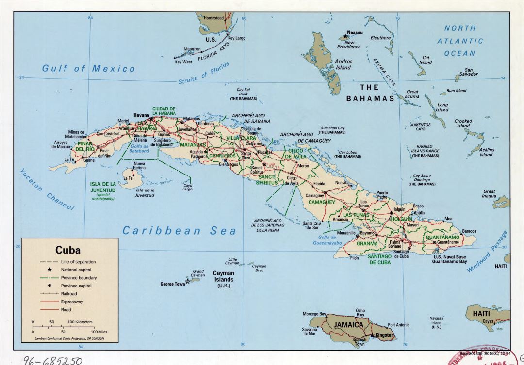 Large detailed political and administrative map of Cuba with roads, railroads and major cities - 1994