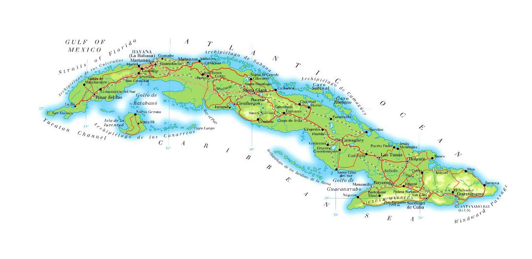 Large elevation map of Cuba with roads, railroads, major cities and airports