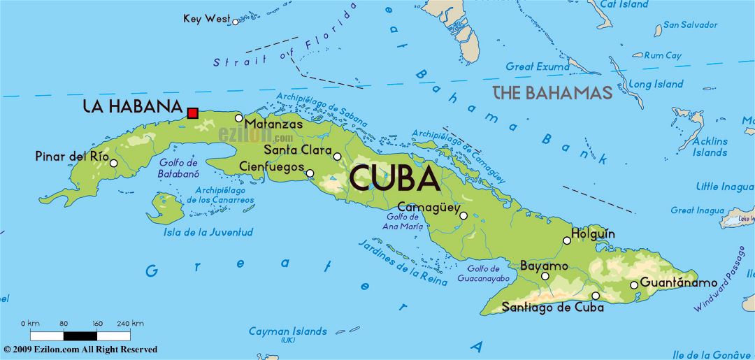 Large physical map of Cuba with major cities