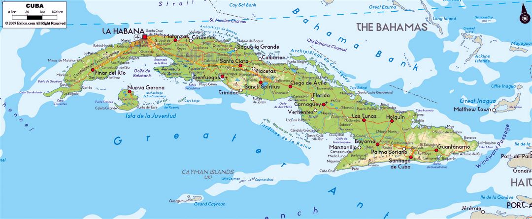 Large physical map of Cuba with roads, cities and airports