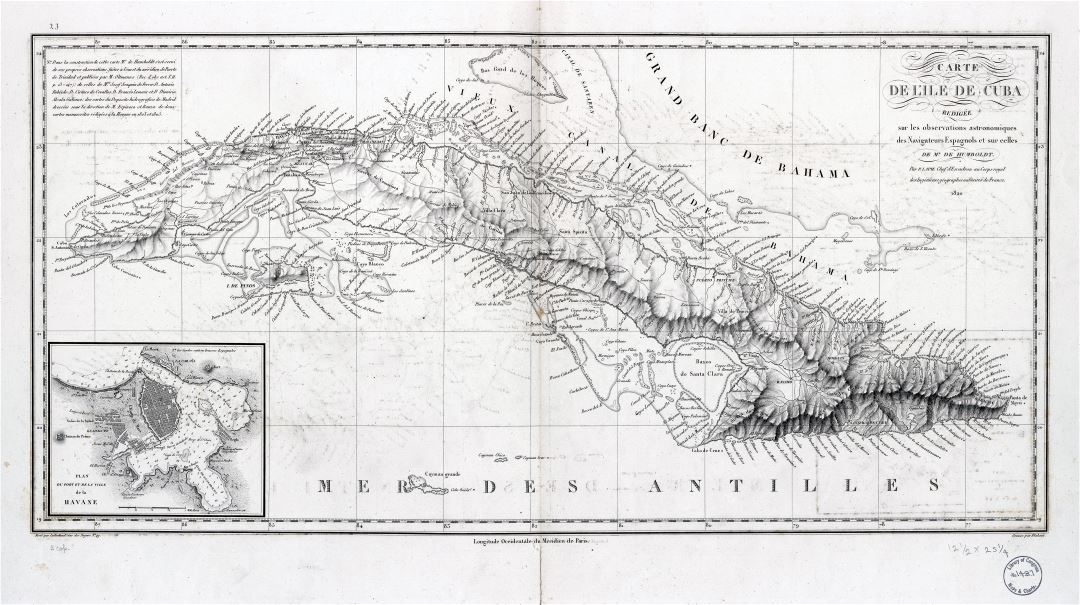 Large scale detailed old map of Cuba with relief - 1820