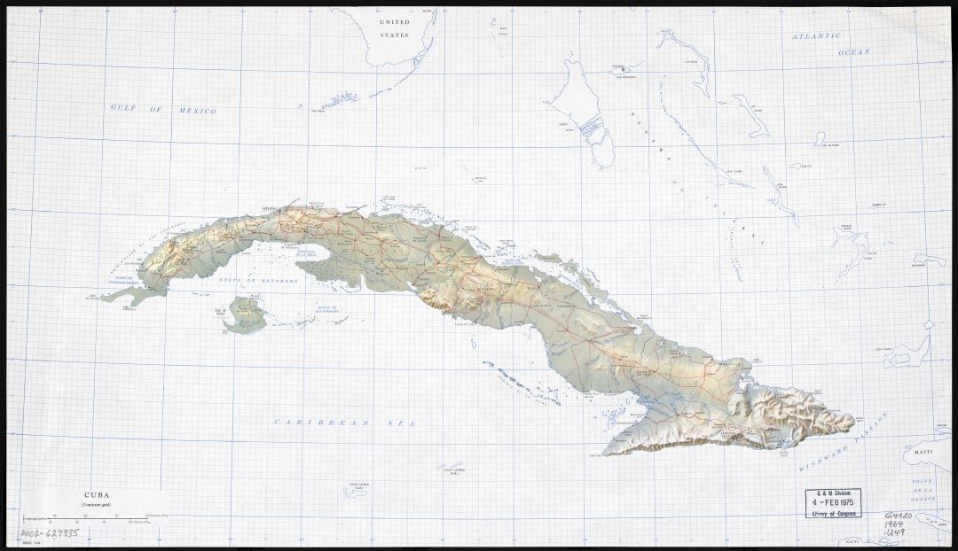 Large scale map of Cuba with relief, roads, railroads, cities and rivers - 1964
