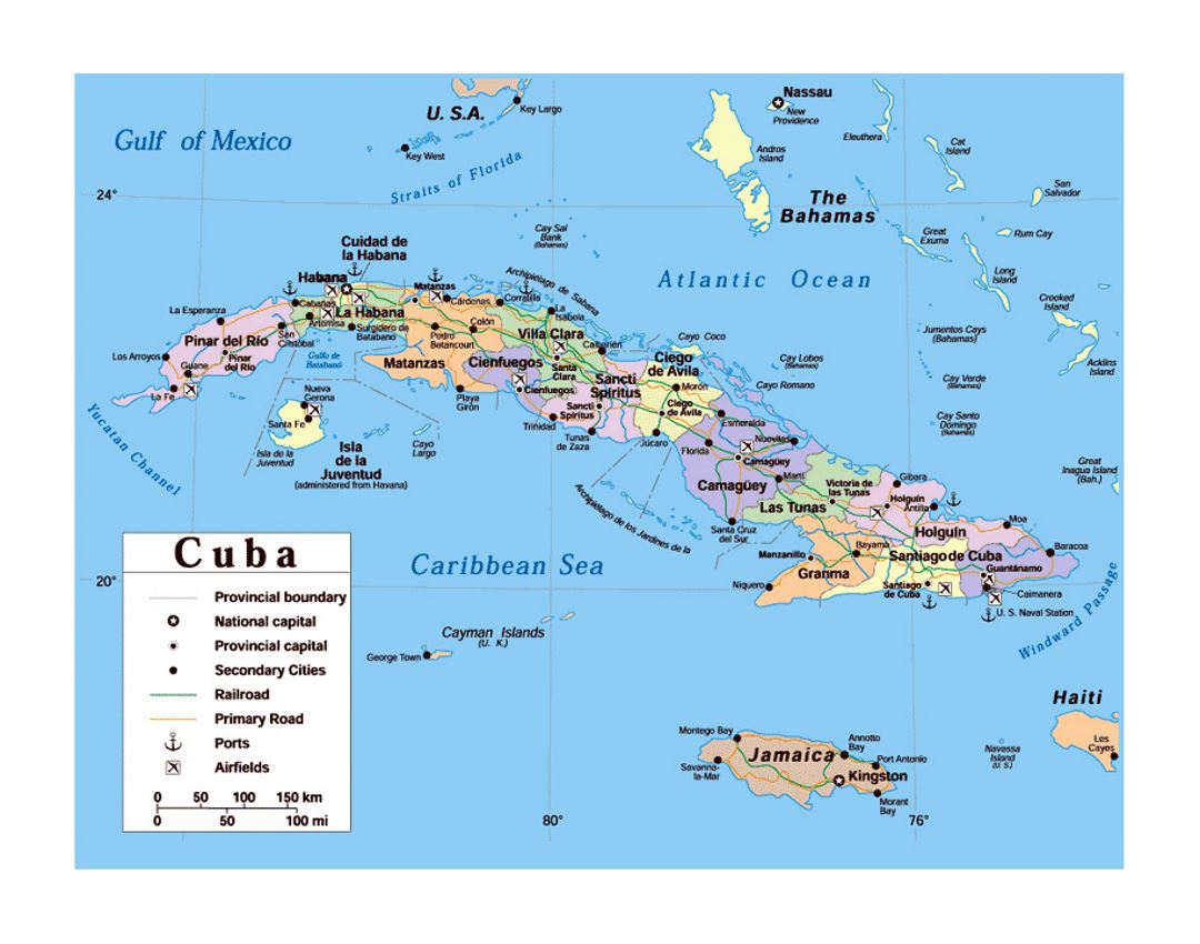 Political and administrative map of Cuba with roads, railroads, cities, ports and airports