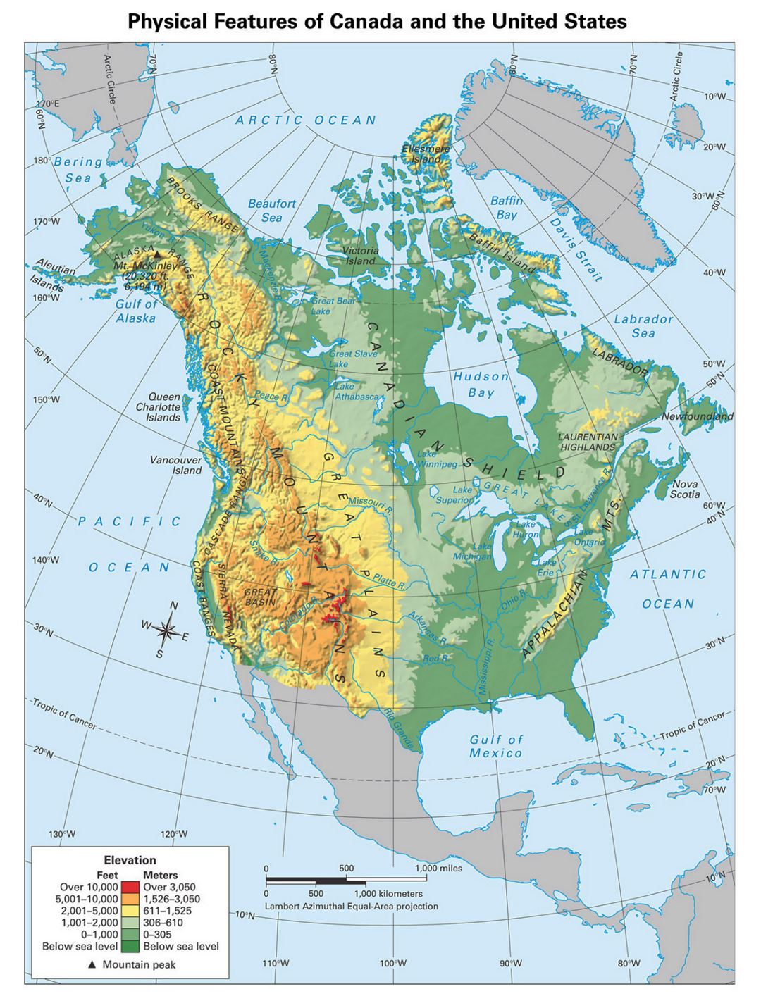Detailed physical map of North America