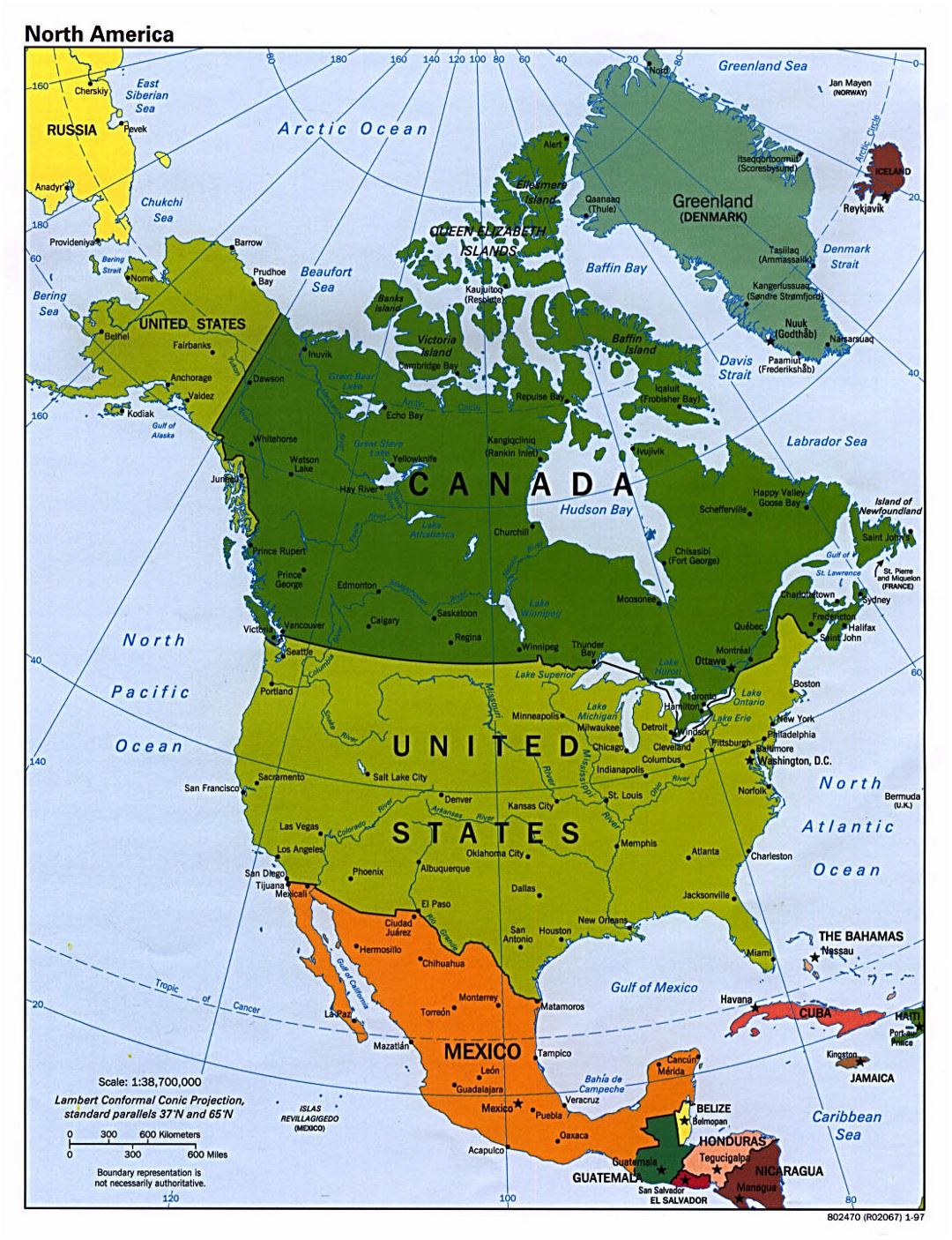 Detailed political map of North America with major cities - 1997