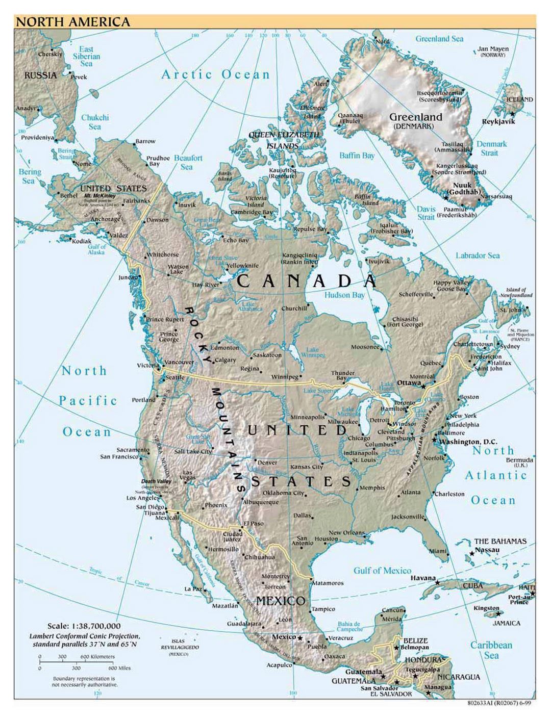 Detailed political map of North America with relief, cities and capitals - 1999