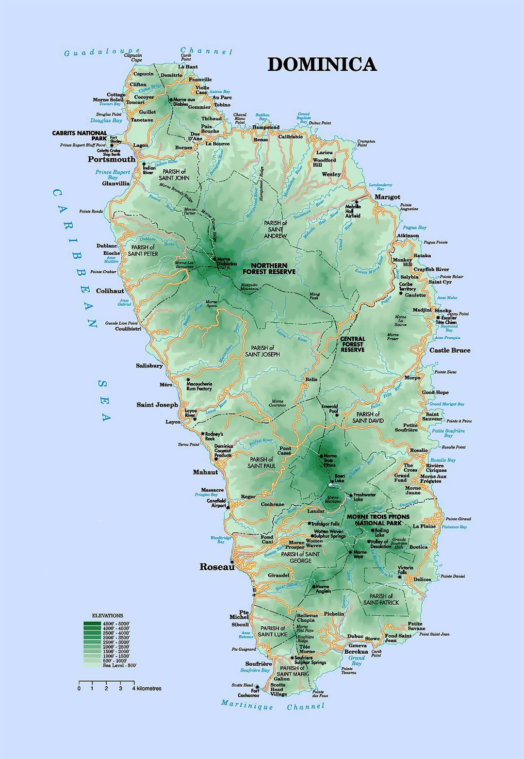 Detailed elevation map of Dominica with roads and cities