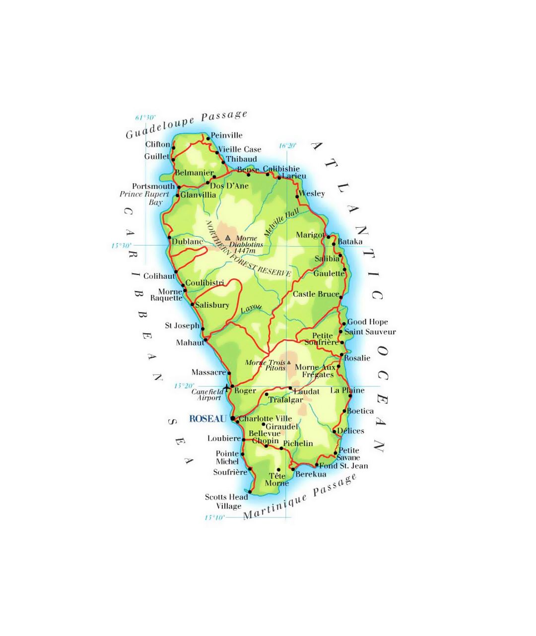 Detailed elevation map of Dominica with roads, cities and airports