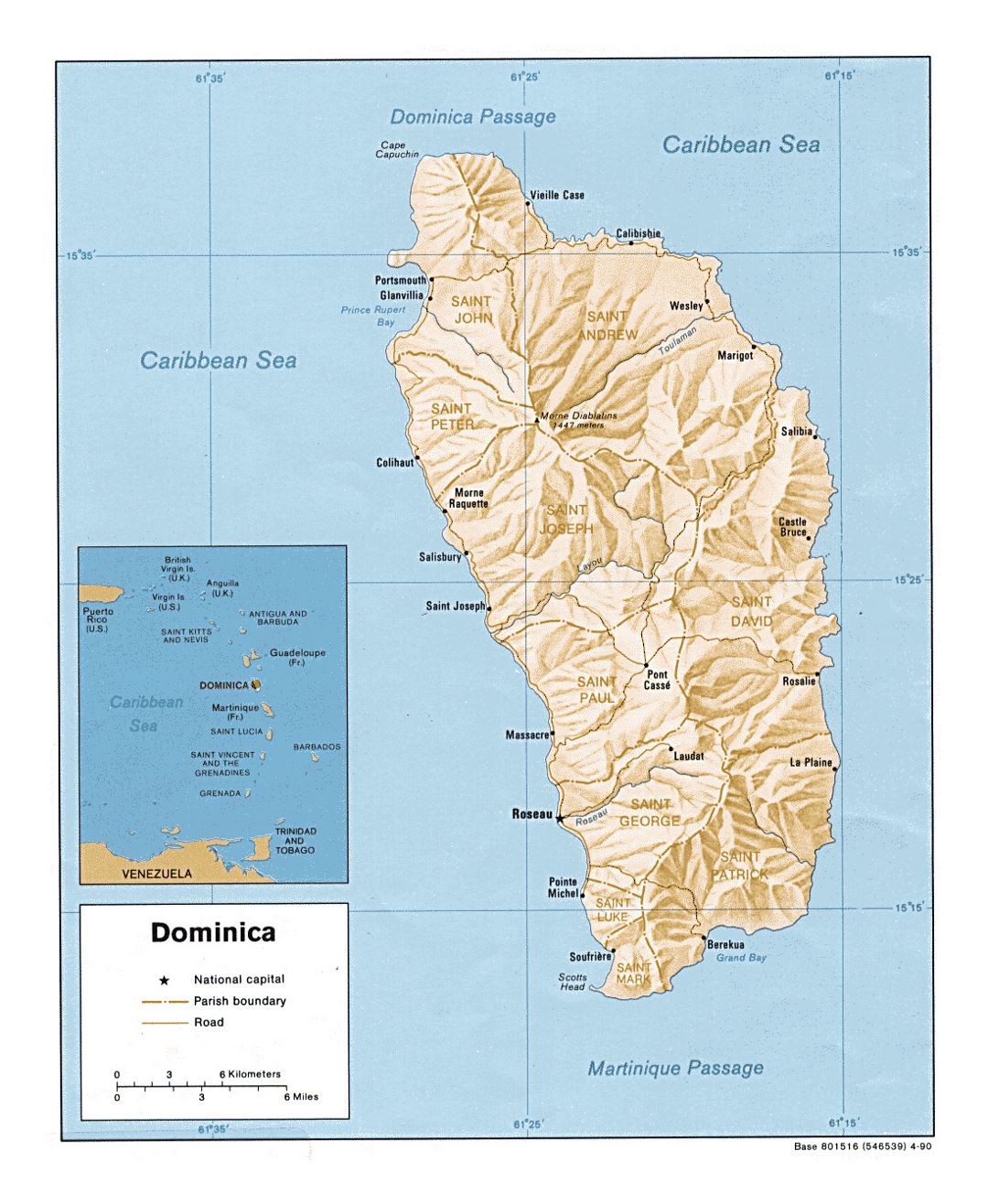 Detailed political and administrative map of Dominica with relief, roads and major cities - 1990