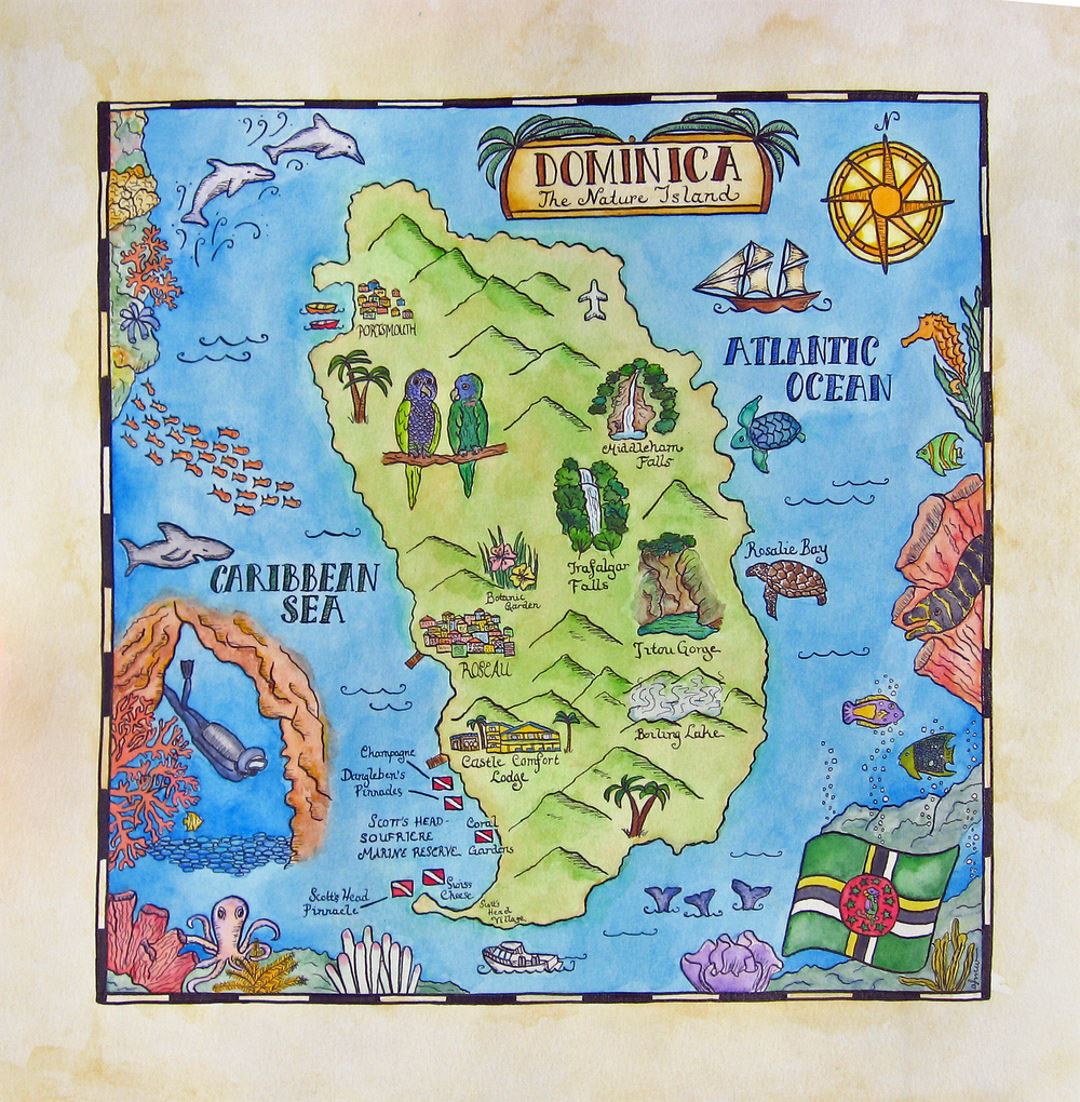 Detailed travel illustrated map of Dominica