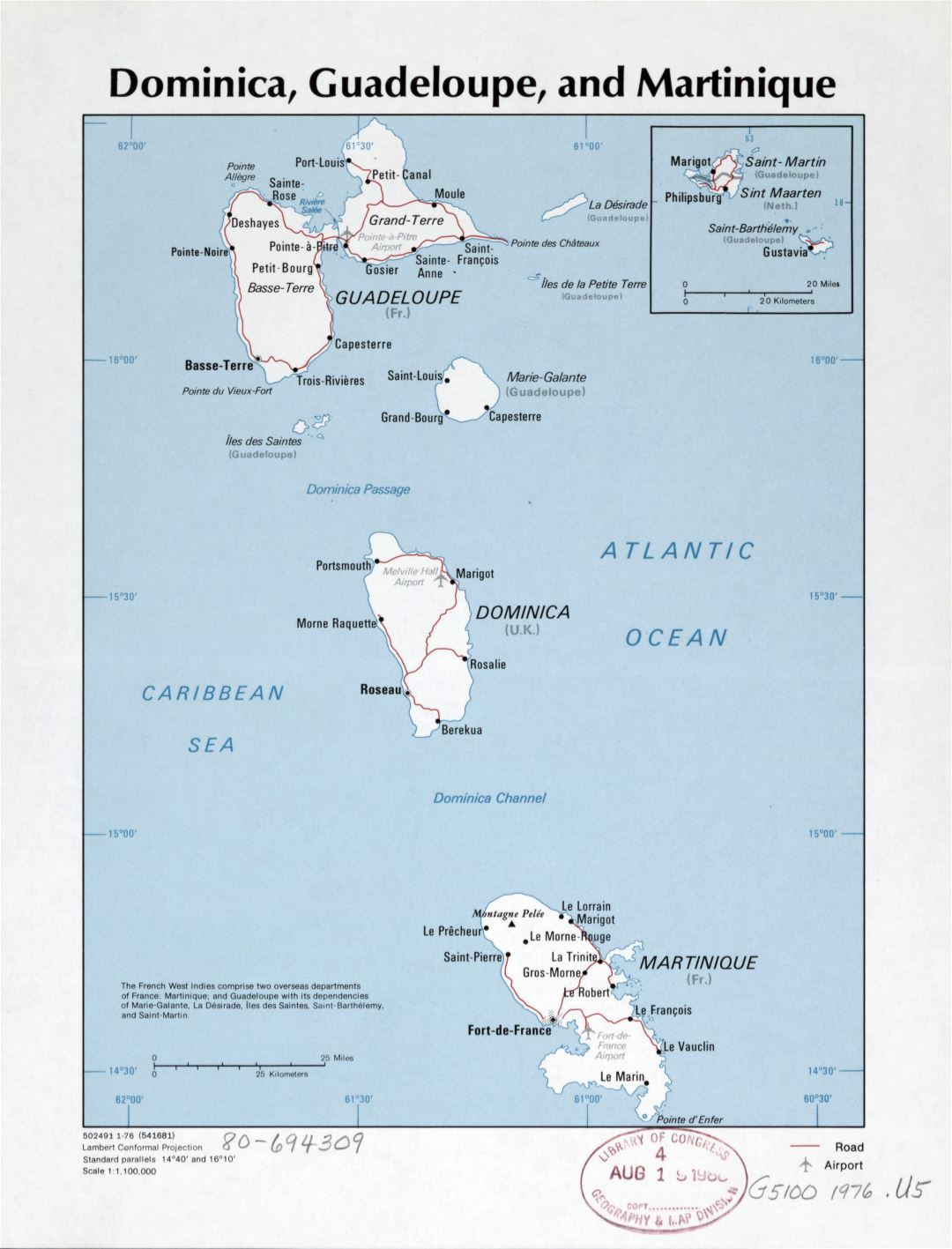 Large detailed political map of Dominica, Guadeloupe and Martinique with roads, major cities and airports - 1976