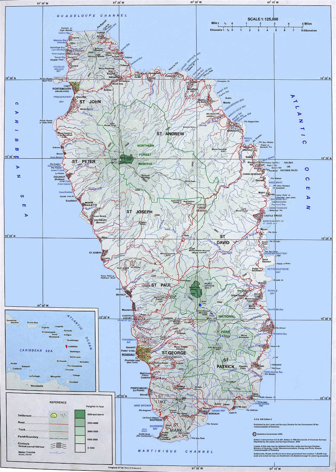 Large topographical map of Dominica Island