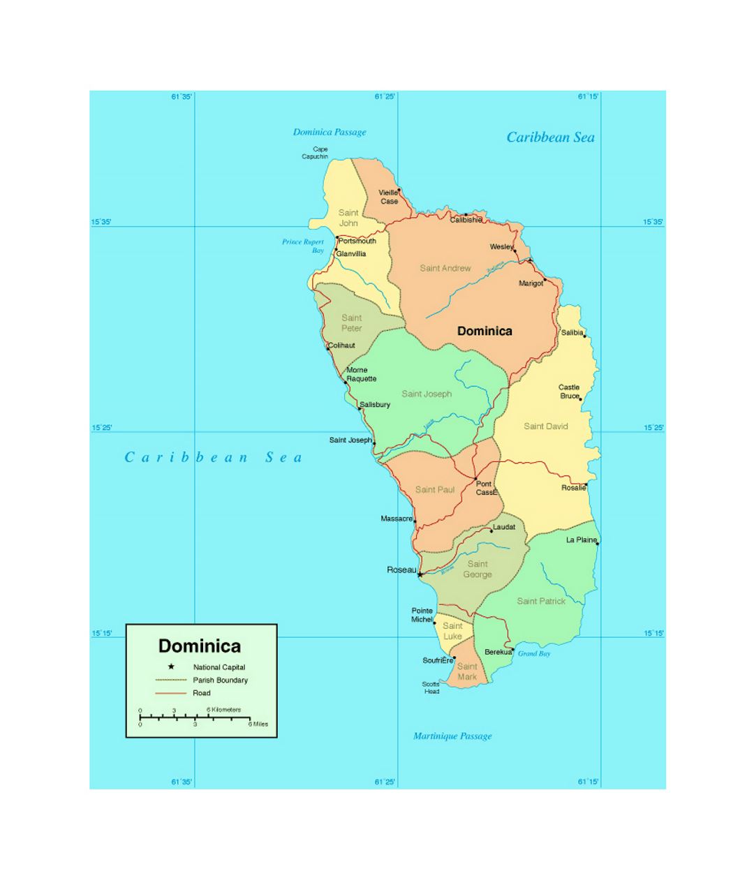 Political and administrative map of Dominica with roads and major cities