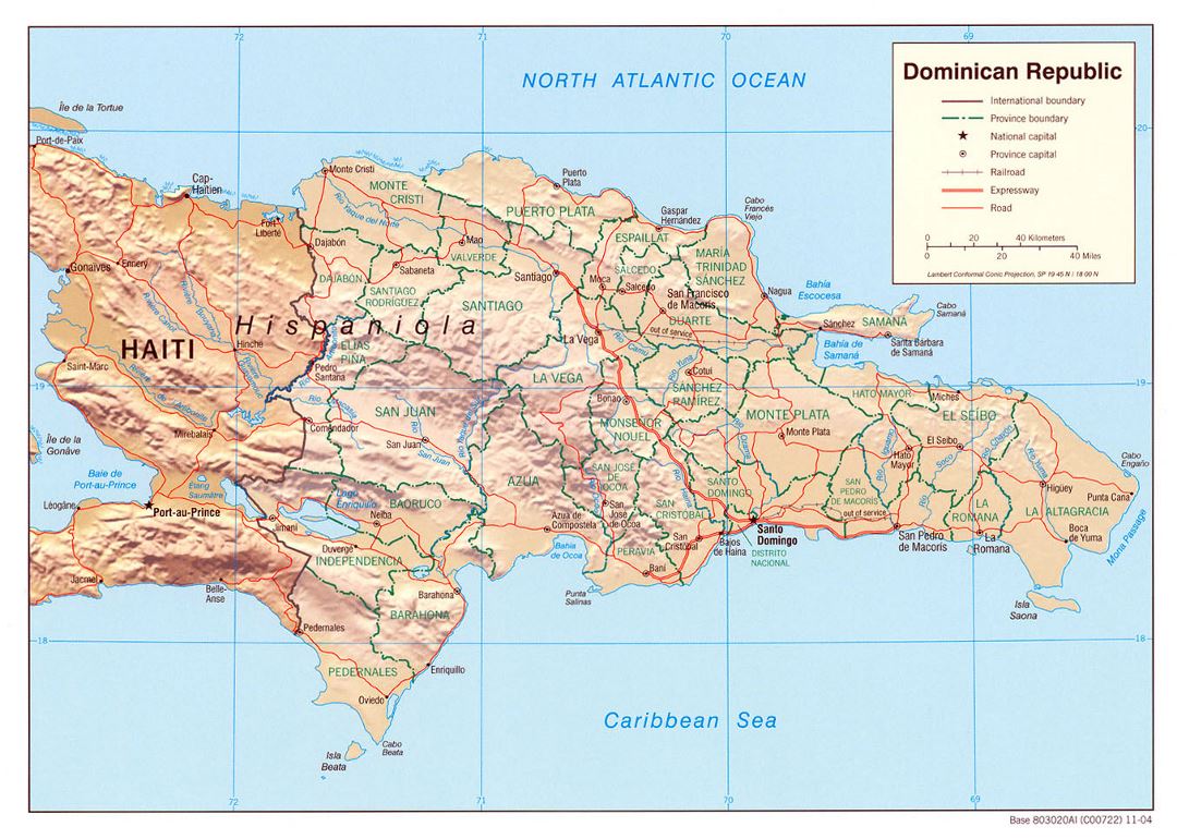 Detailed political and administrative map of Dominican Republic with relief, roads, railroads and major cities - 2004