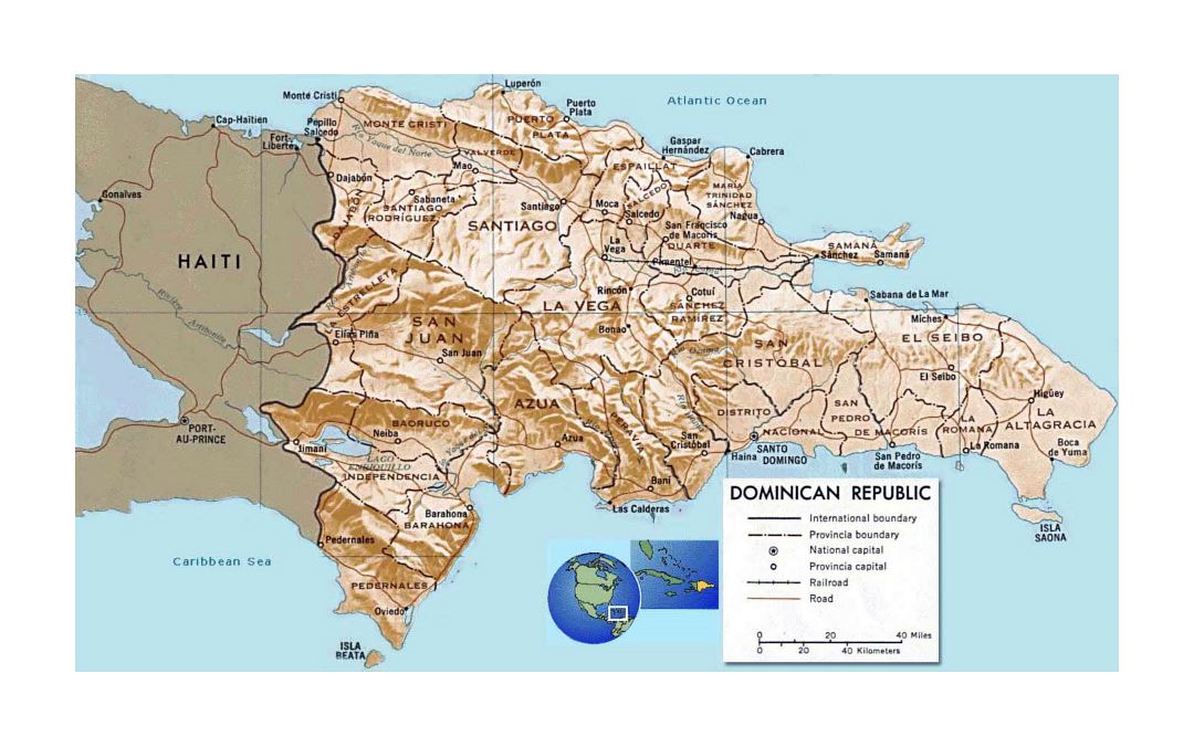 Detailed political and administrative map of Dominican Republic with relief, roads, railroads and major cities