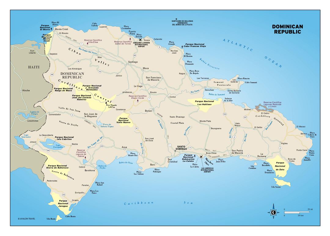 Large detailed map of Dominican Republic with roads, cities, airports and nature reserves