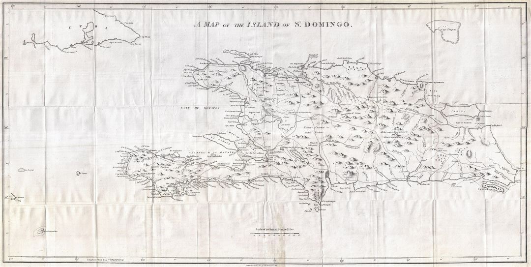 Large detailed old map of Hispaniola or Santo Domingo, West Indies, Haiti, Dominican Republic - 1800