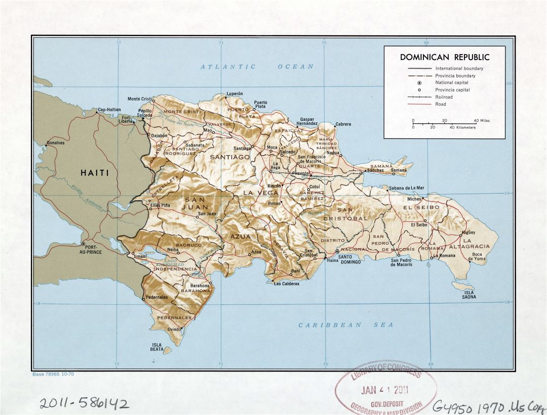 Large detailed political and administrative map of Dominican Republic with relief, roads, railroads and major cities - 1970