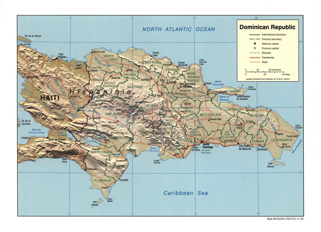 Large detailed political and administrative map of Dominican Republic with relief, roads, railroads and major cities - 2004