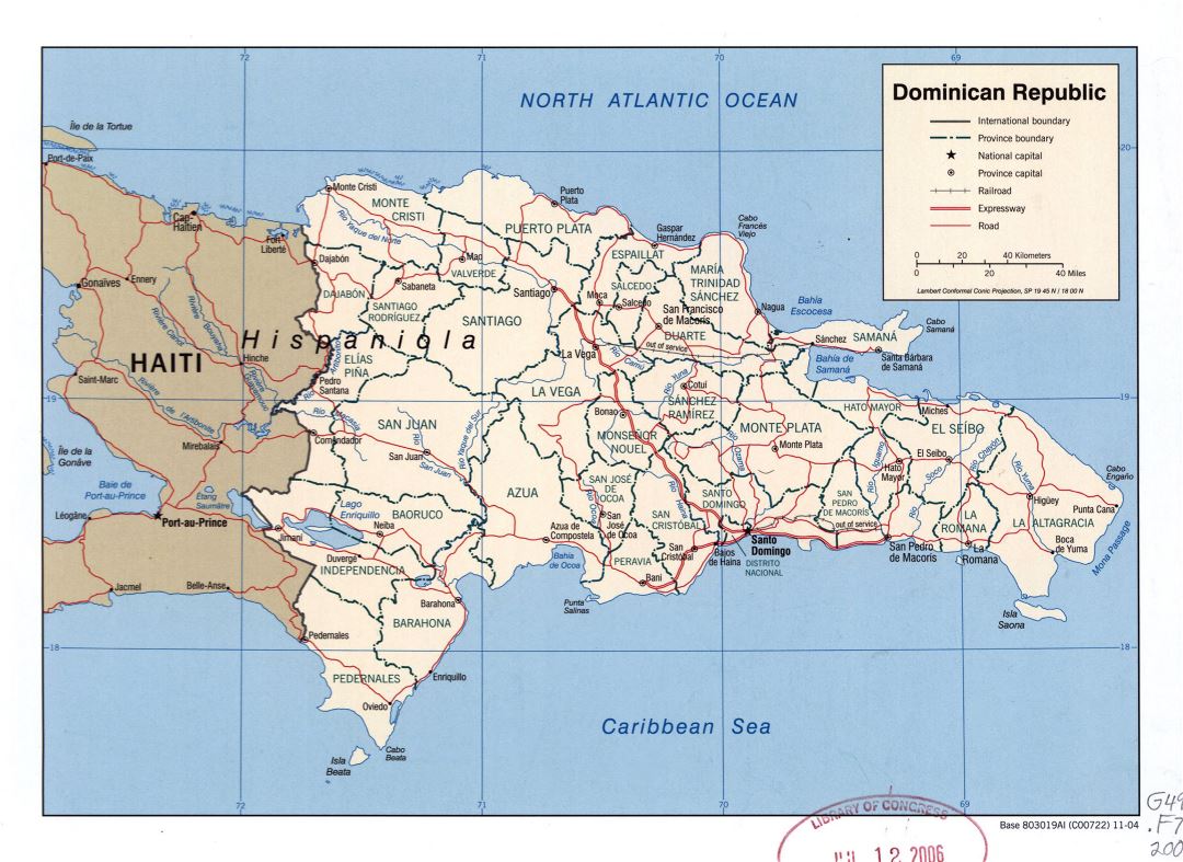 Large detailed political and administrative map of Dominican Republic with roads, railroads and cities - 2004