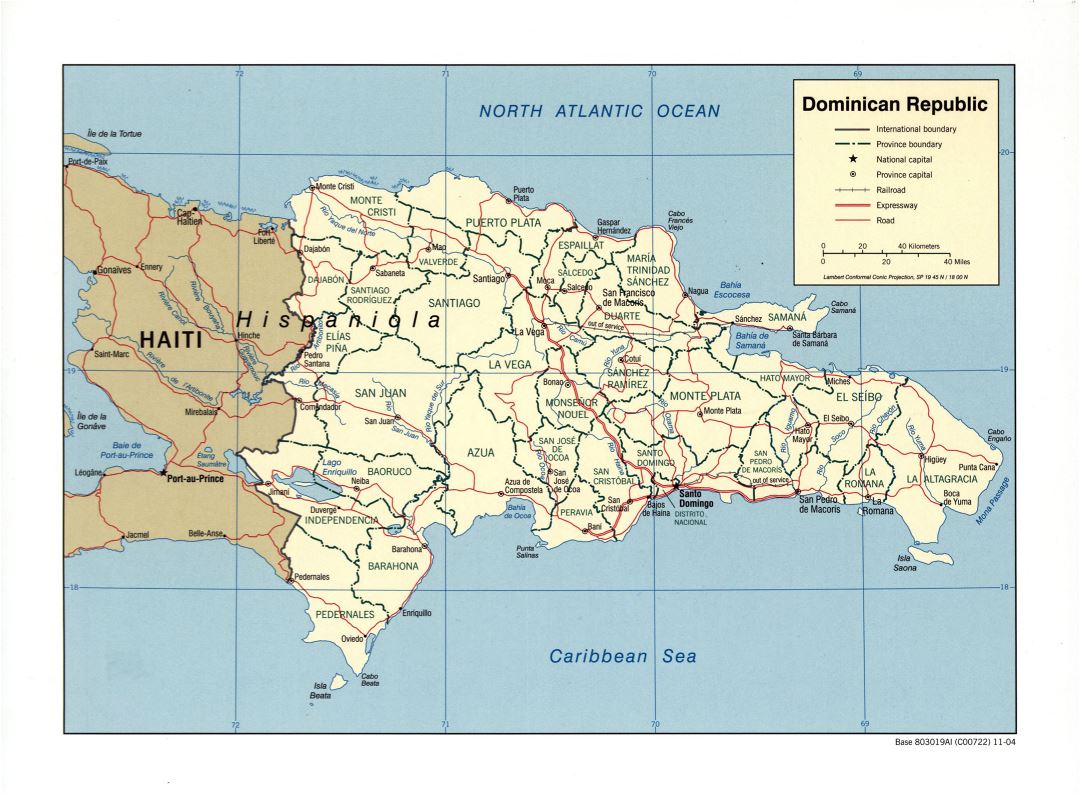 Large detailed political and administrative map of Dominican Republic with roads, railroads and major cities - 2004