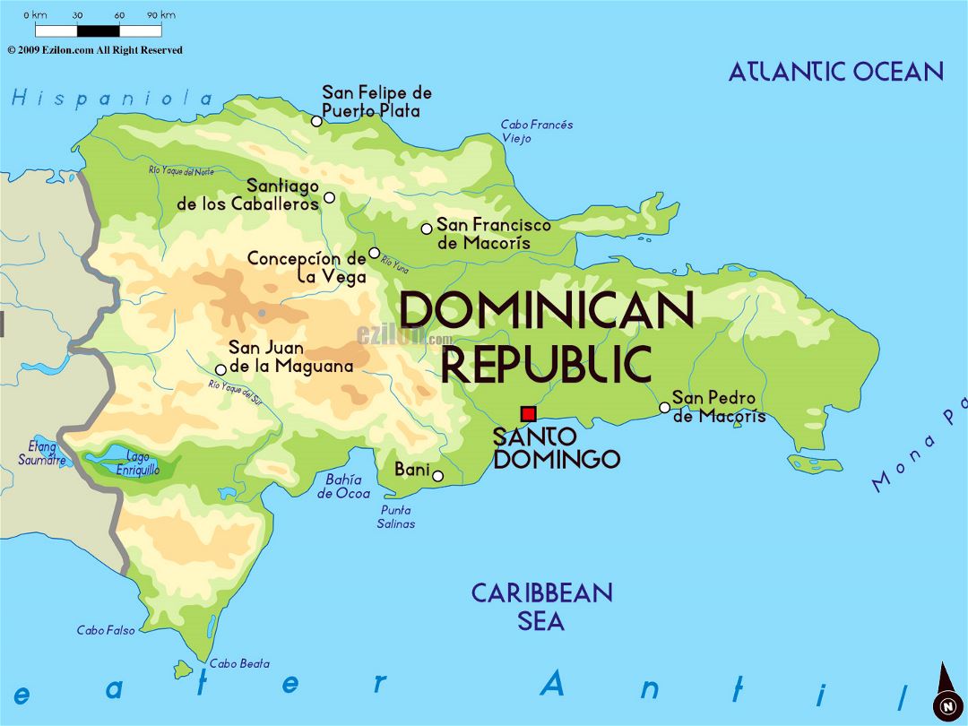 Large physical map of Dominican Republic with major cities