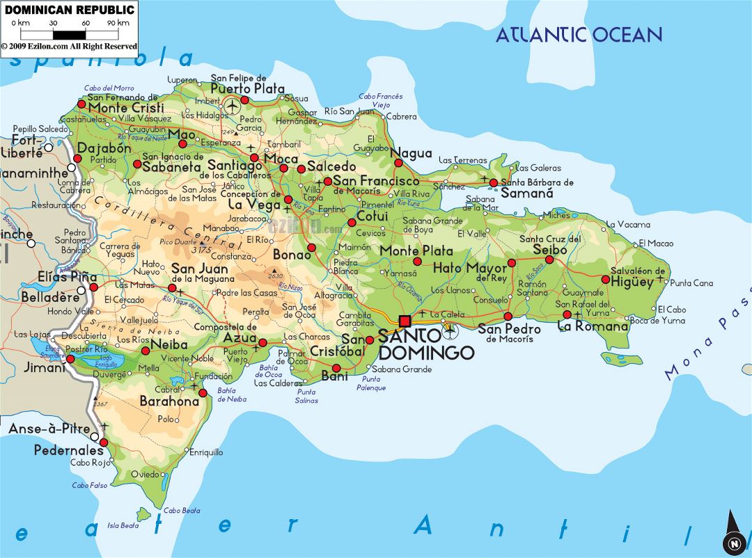 Large physical map of Dominican Republic with roads, cities and airports
