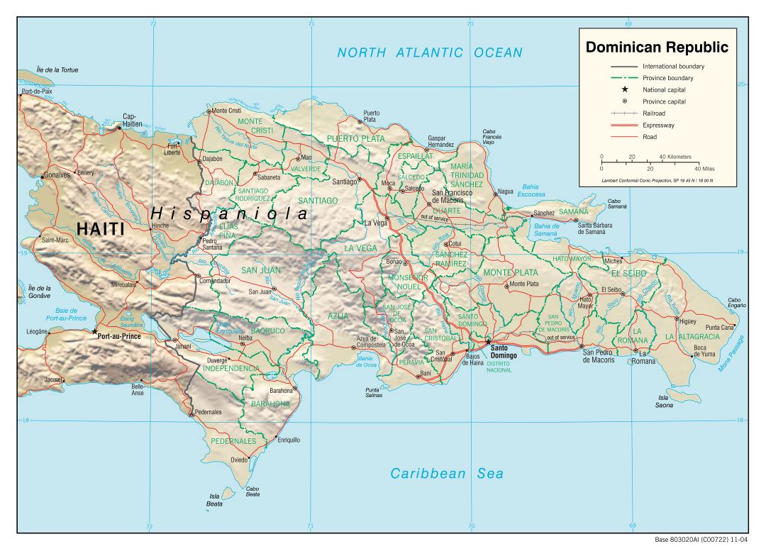 Large political and administrative map of Dominican Republic with relief, roads, railroads and major cities - 2004
