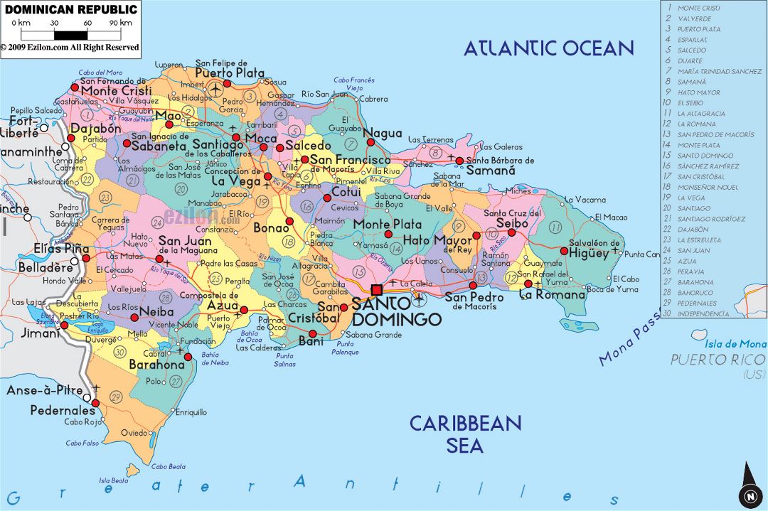 Large political and administrative map of Dominican Republic with roads, cities and airports