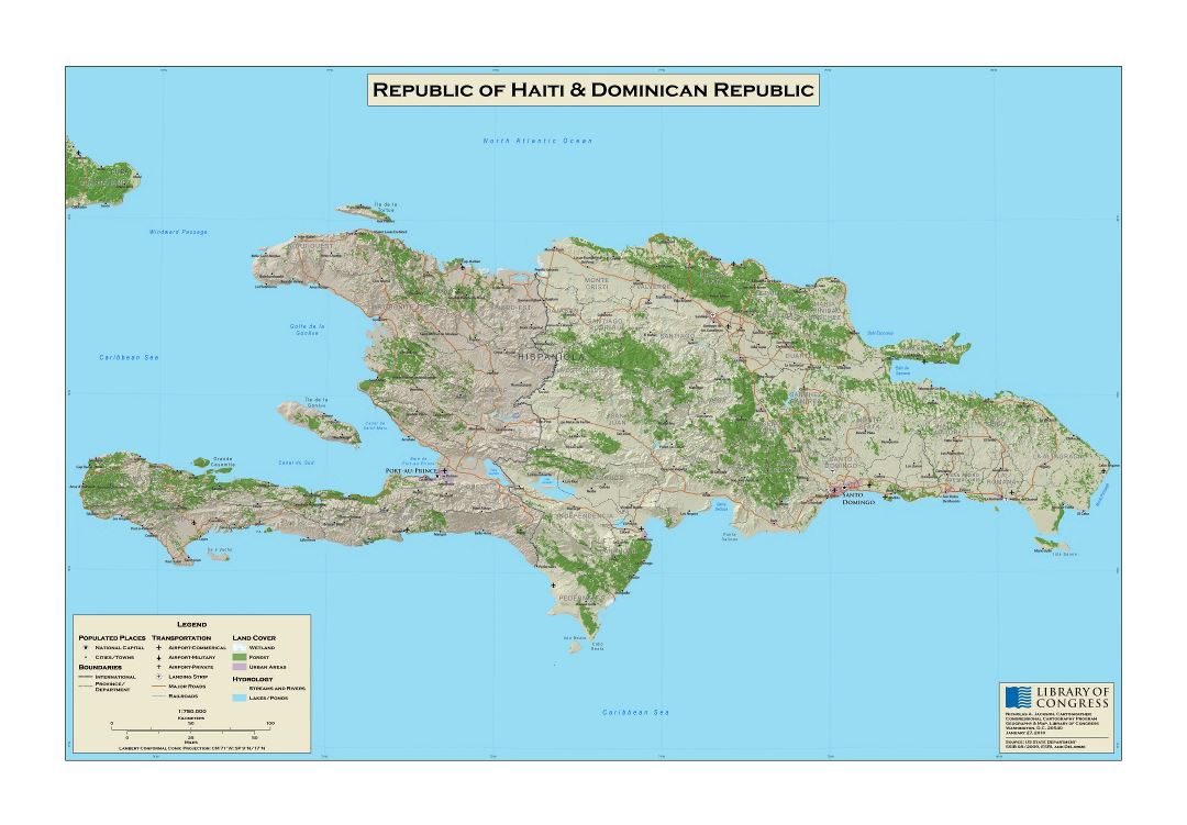 Large scale detailed map of Republic of Haiti and Dominican Republic with relief, roads, railroads, cities, airports and other marks - 1978