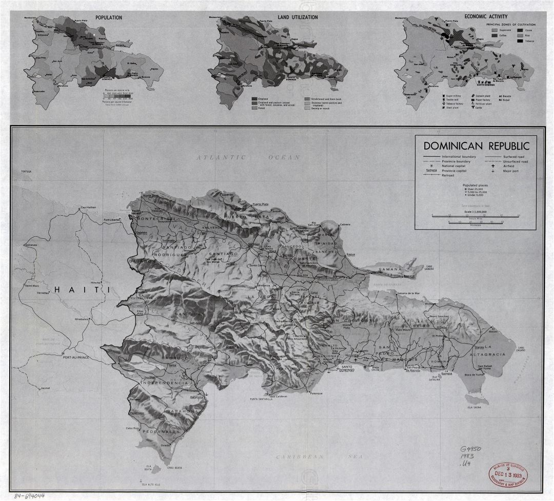 Large scale political and administrative map of Dominican Republic with relief, roads, railroads, cities, ports and airports - 1983