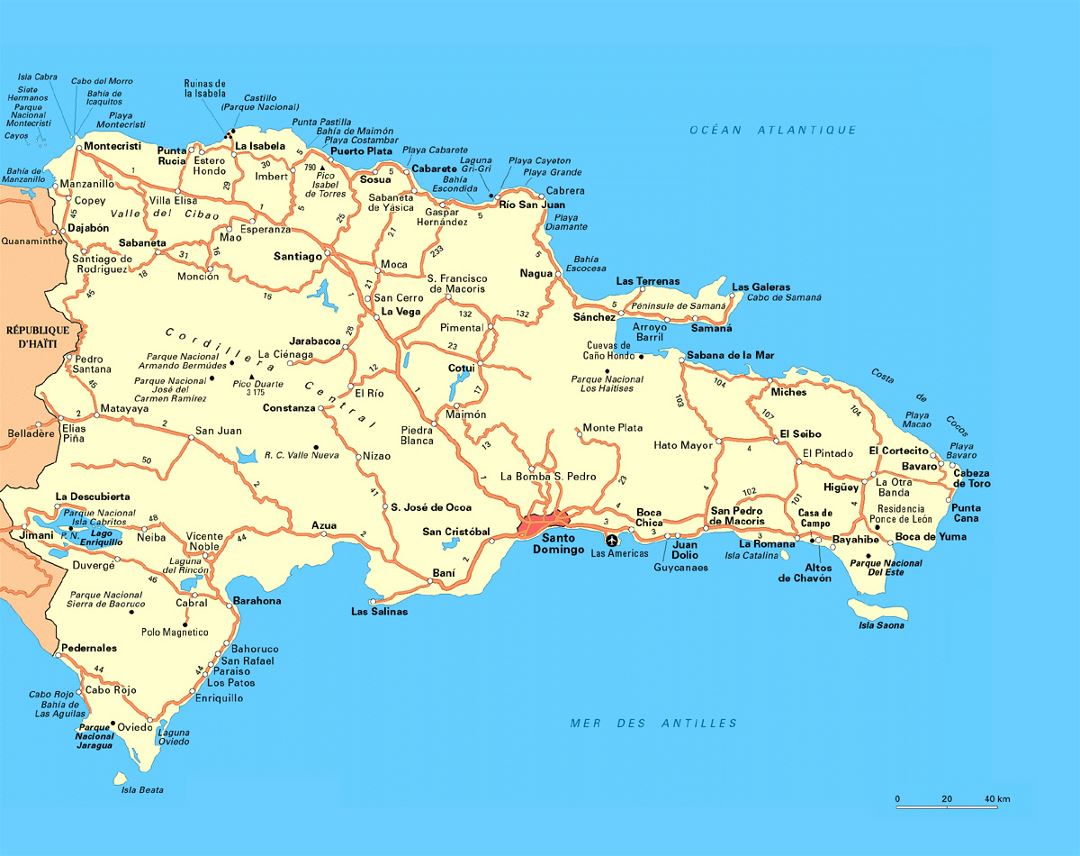 Road map of Dominican Republic with cities and airports