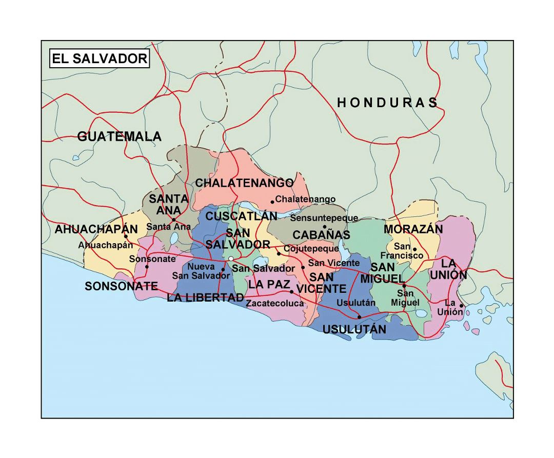Detailed administrative map of El Salvador
