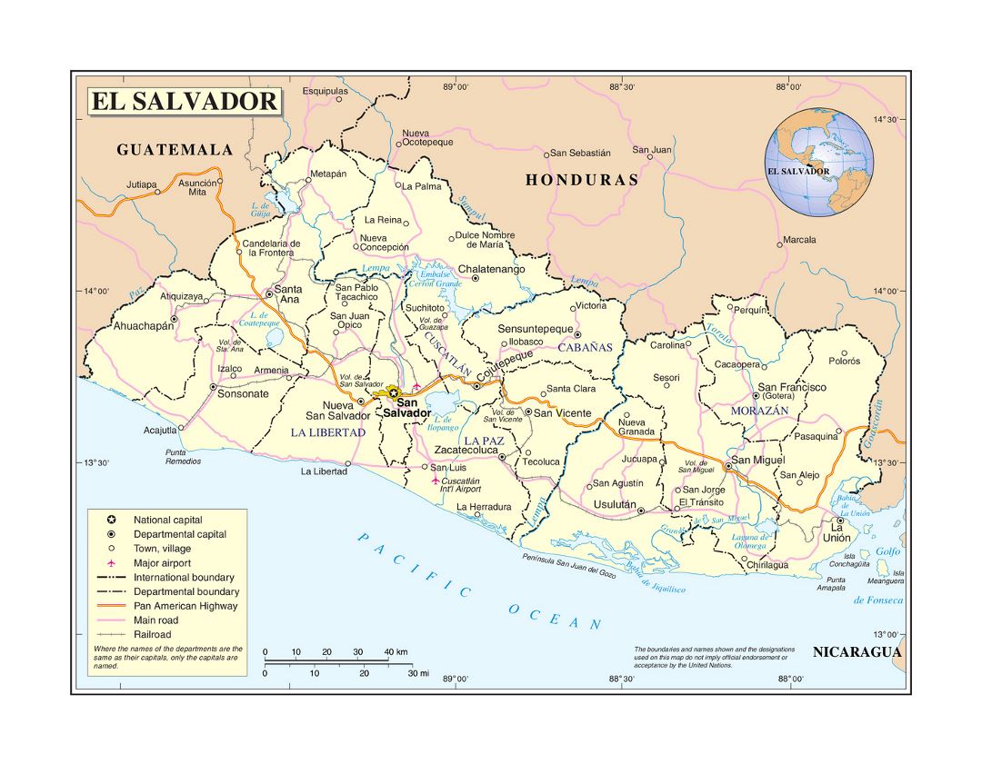 Detailed political and administrative map of El Salvador with roads, railroads, cities and airports
