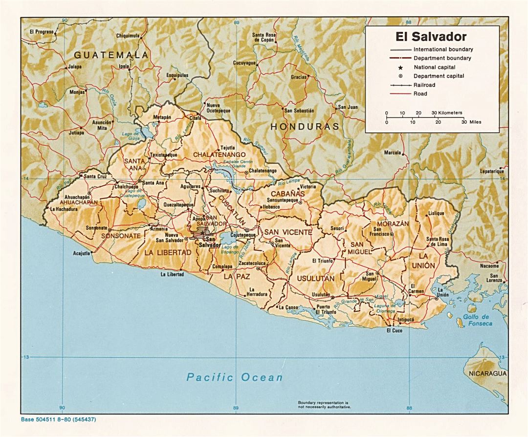 Large political and administrative map of El Salvador with relief, roads, railroads and major cities - 1980