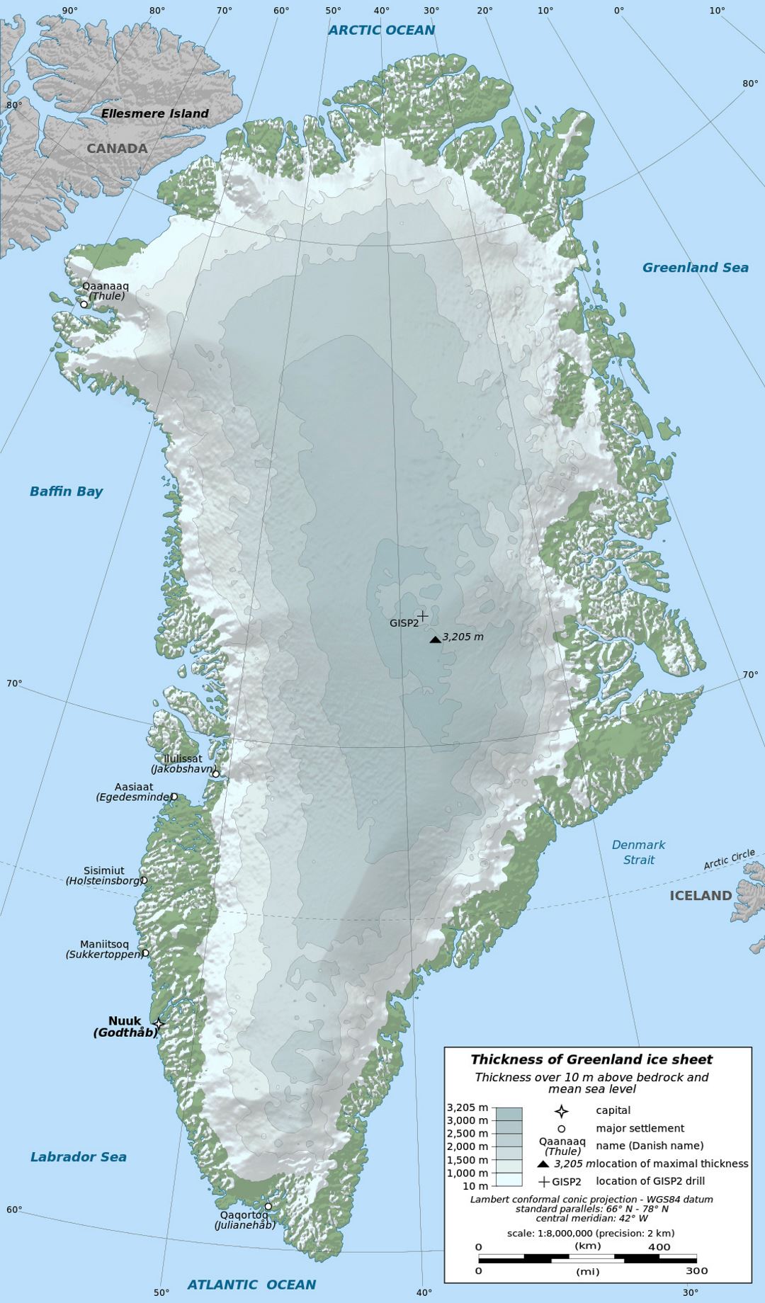 Detailed elevation map of Greenland with other marks