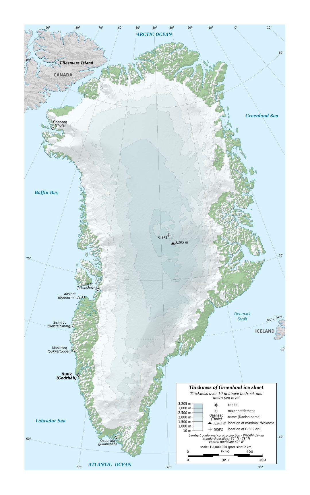 Detailed physical map of Greenland with cities and other marks