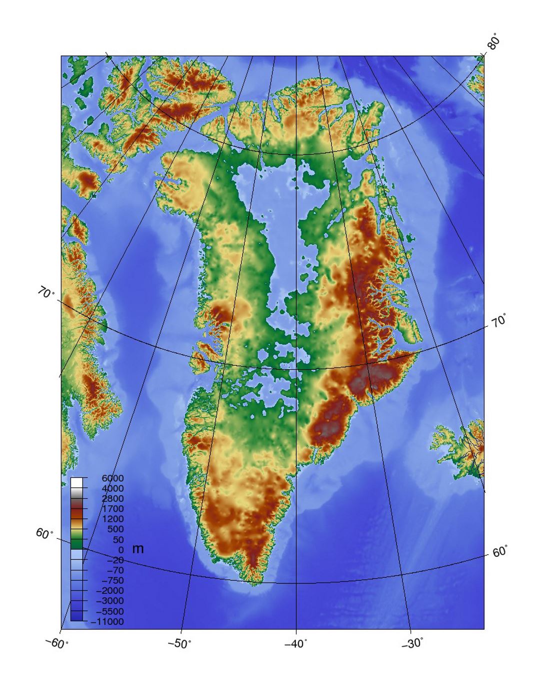 Detailed topographic map of Greenland