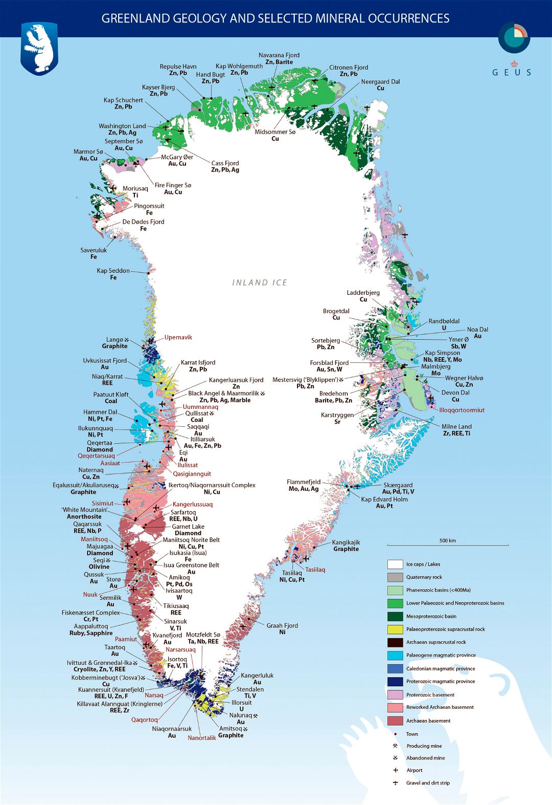 Large detailed Greenland geology and selected mineral occurrences map
