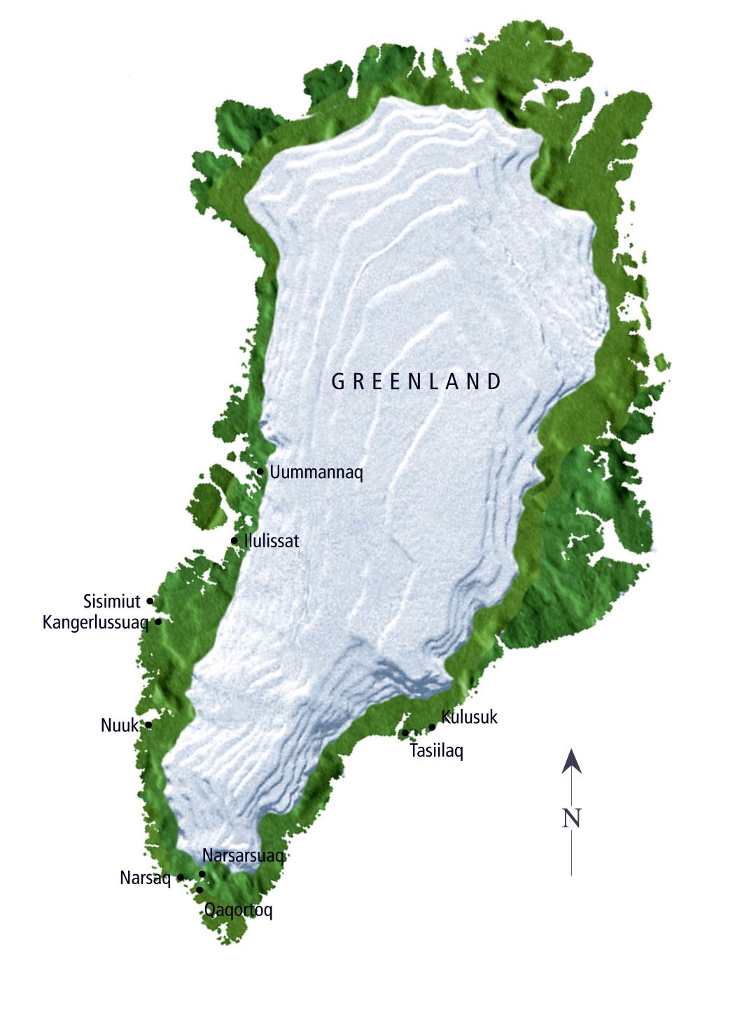 Large detailed relief map of Greenland with cities