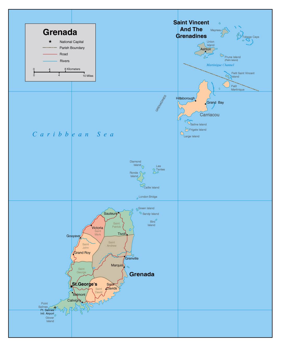 Detailed political and administrative map of Grenada with roads, rivers, airports and major cities