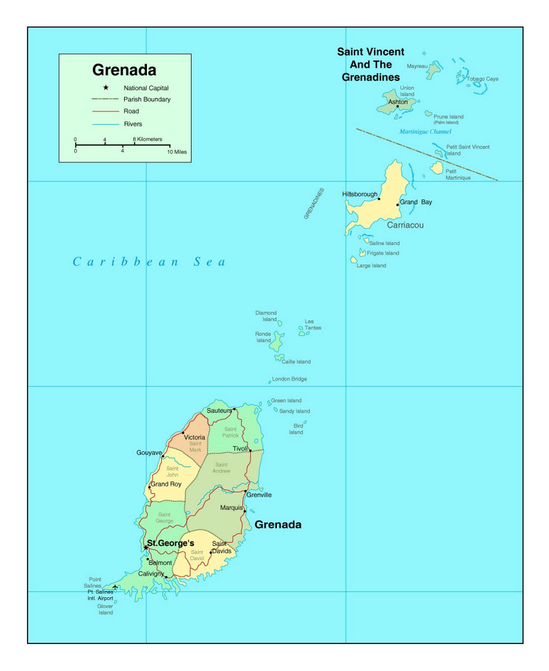 Detailed political and administrative map of Grenada with roads, rivers and major cities