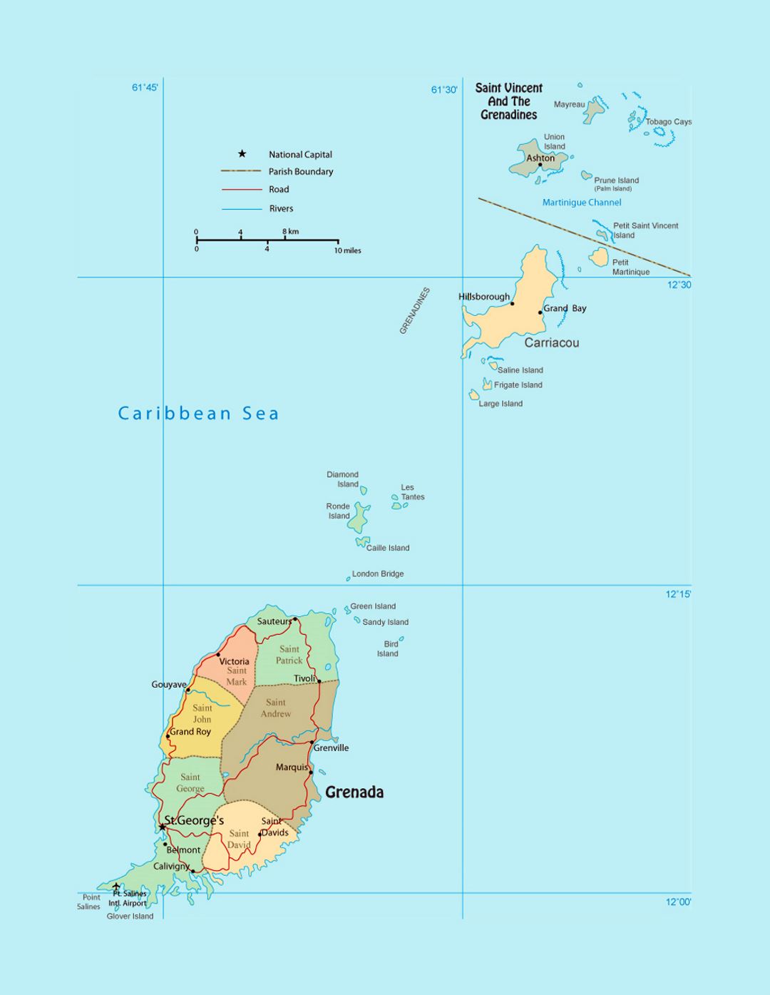 Detailed political and administrative map of Grenada with roads, rivers, cities and airports